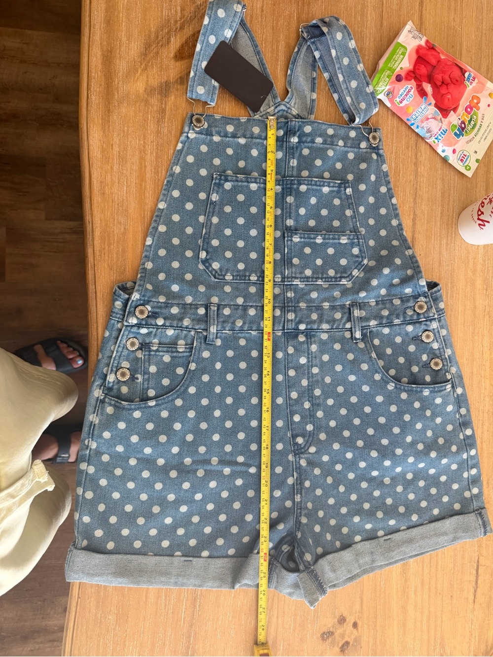 Wishlist Light Blue Polka Dot Denim Short Overalls Romper - Picture 4 of 7
